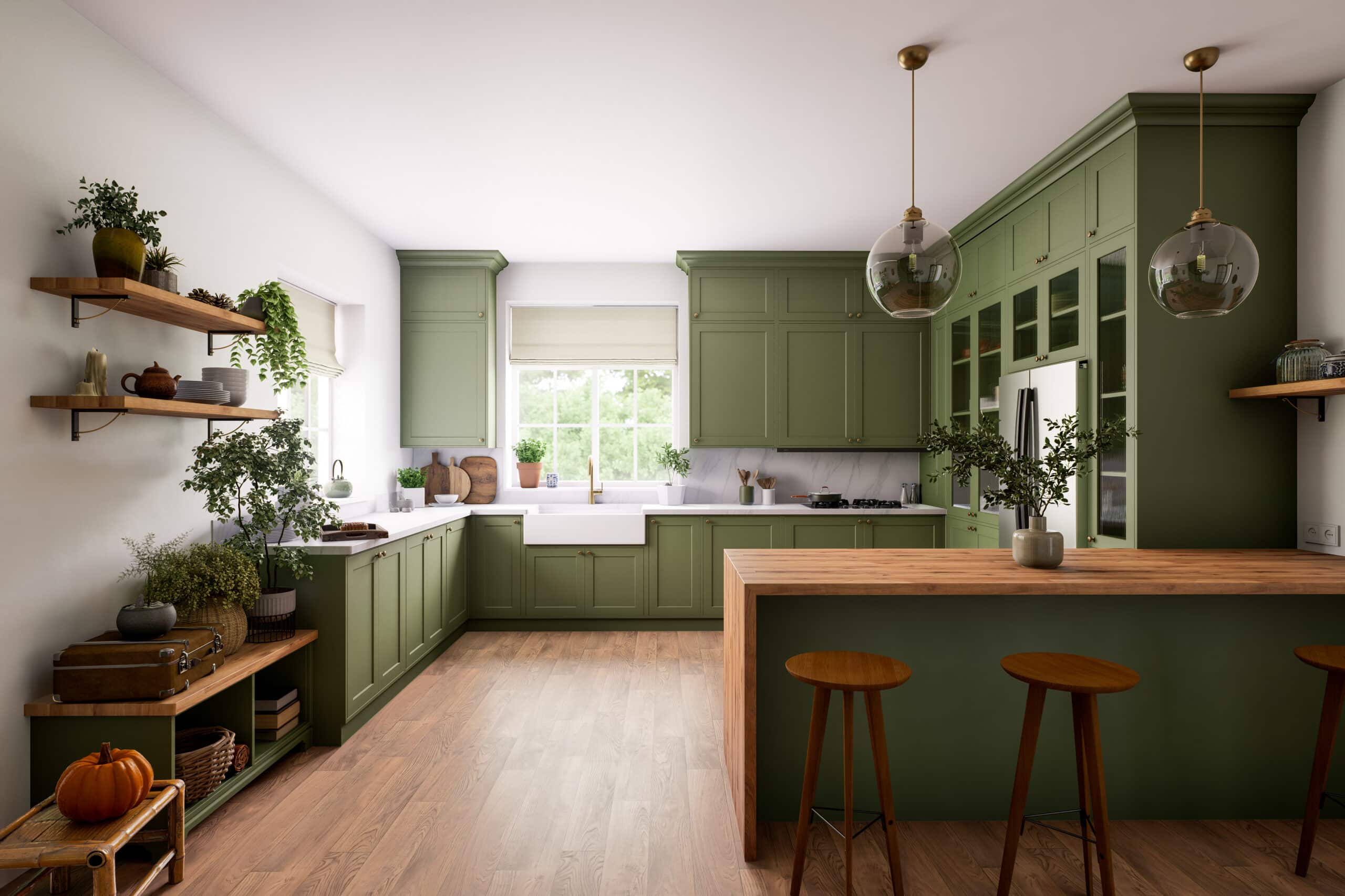Modern green kitchen with natural elements, large space and stylish design Kitchen with painted white cabinets and dark appliances